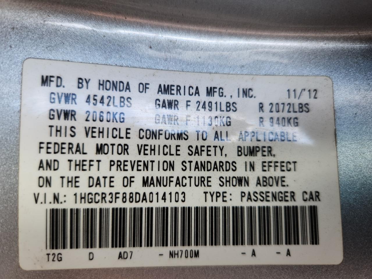 2013 Honda Accord Exl VIN: 1HGCR3F88DA014103 Lot: 68713275