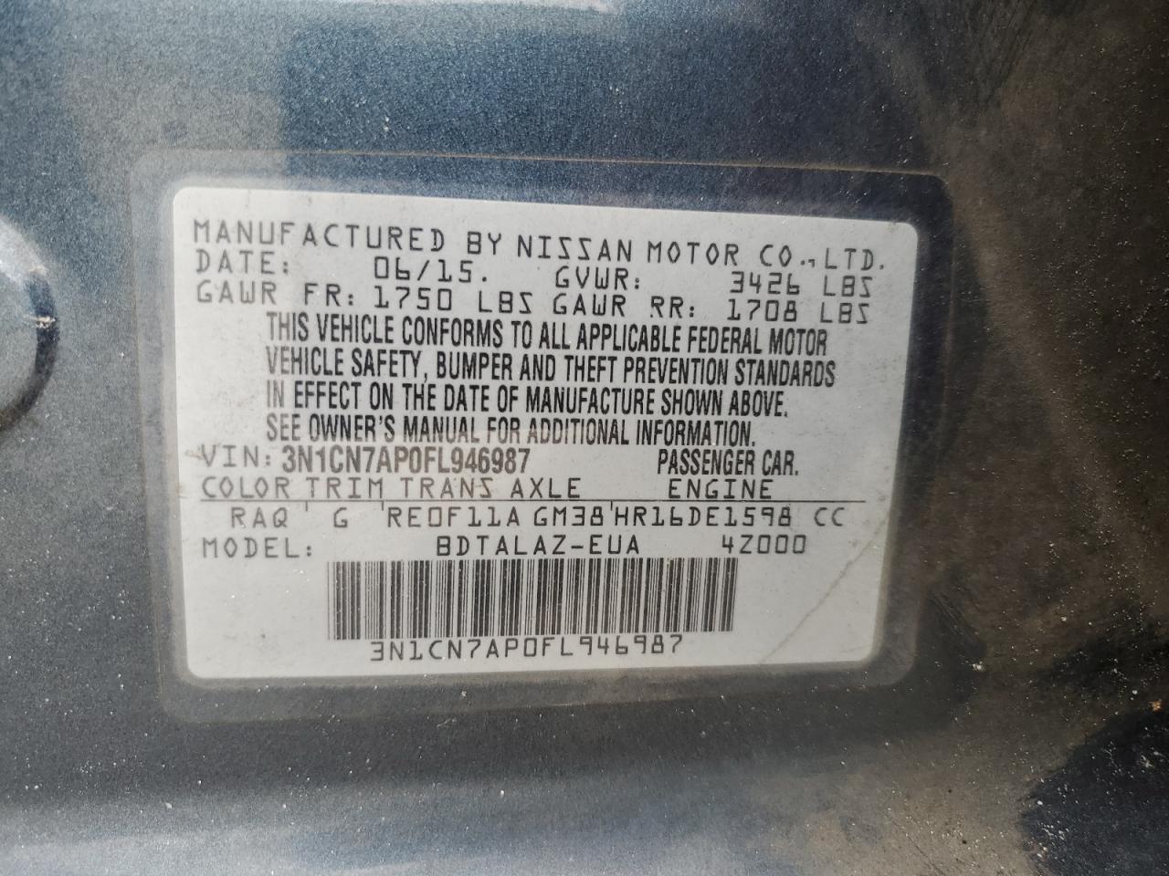 2015 Nissan Versa S VIN: 3N1CN7AP0FL946987 Lot: 68108255