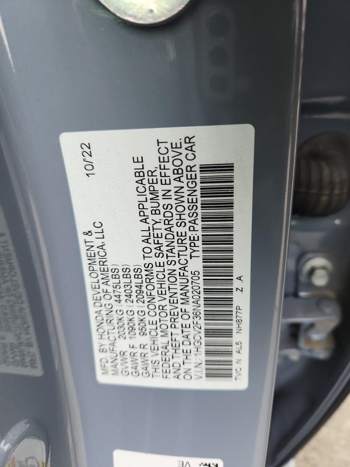 2022 Honda Accord Sport VIN: 1HGCV2F36NA020705 Lot: 70426075