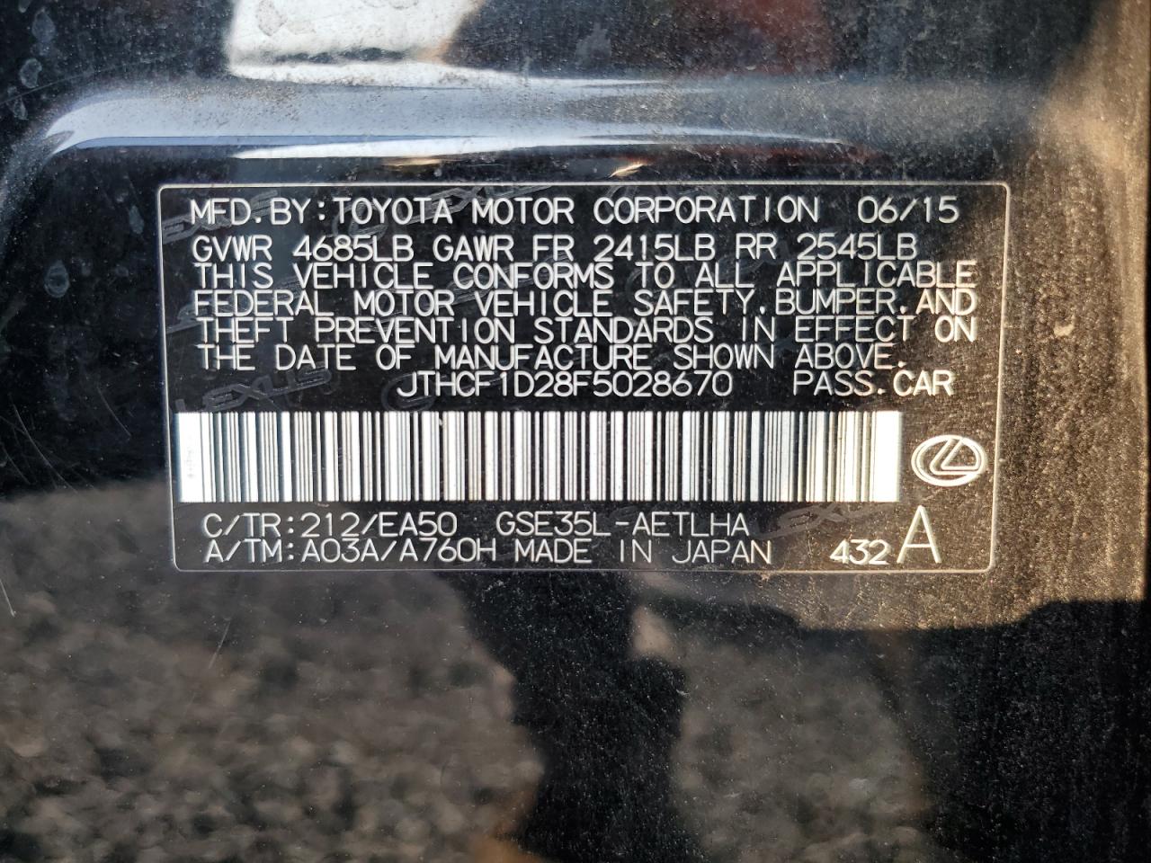 2015 Lexus Is 250 VIN: JTHCF1D28F5028670 Lot: 66596435