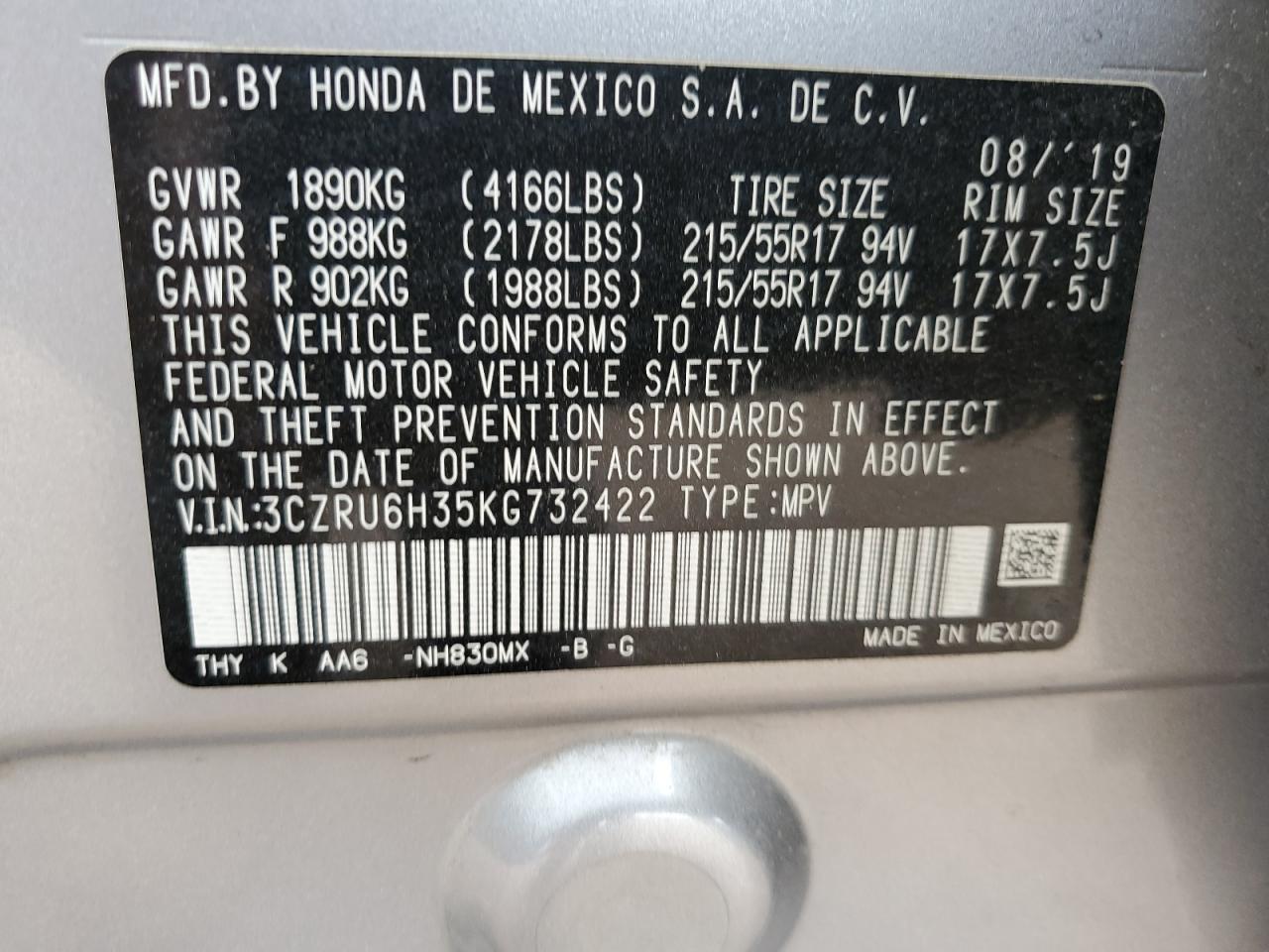 3CZRU6H35KG732422 2019 Honda Hr-V Lx