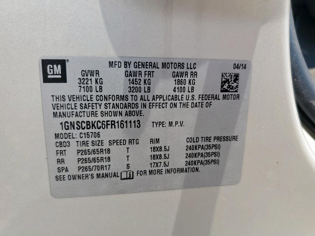 2015 Chevrolet Tahoe C1500 Lt VIN: 1GNSCBKC6FR161113 Lot: 93760785