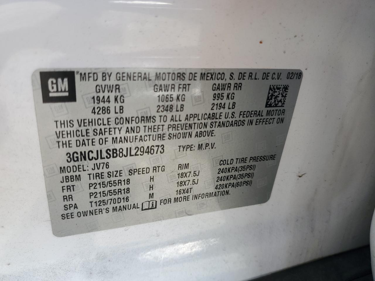 2018 Chevrolet Trax 1Lt VIN: 3GNCJLSB8JL294673 Lot: 71038235