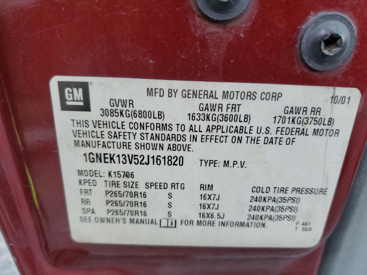 2002 Chevrolet Tahoe K1500 VIN: 1GNEK13V52J161820 Lot: 69398935