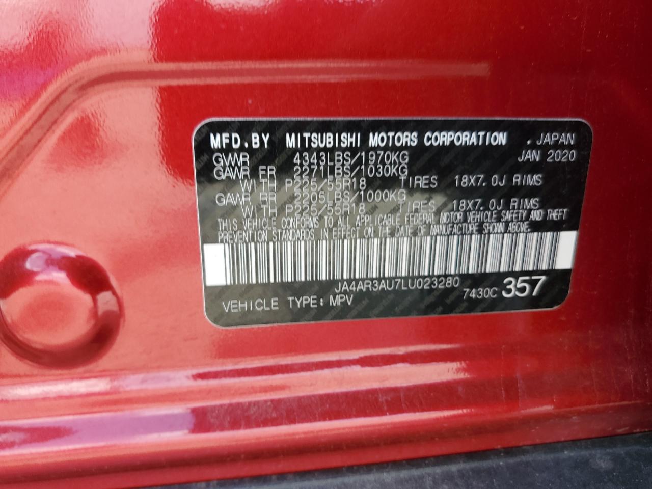 2020 Mitsubishi Outlander Sport Es VIN: JA4AR3AU7LU023280 Lot: 69668985