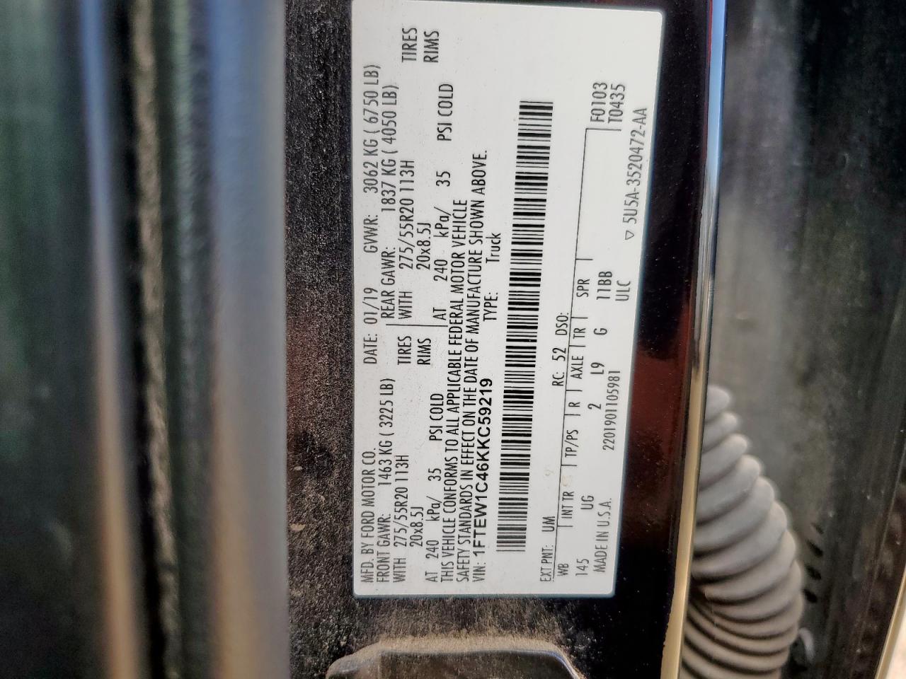 2019 Ford F150 Supercrew VIN: 1FTEW1C46KKC59219 Lot: 67438015