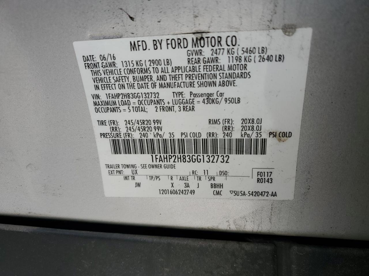 2016 Ford Taurus Sel VIN: 1FAHP2H83GG132732 Lot: 69421185