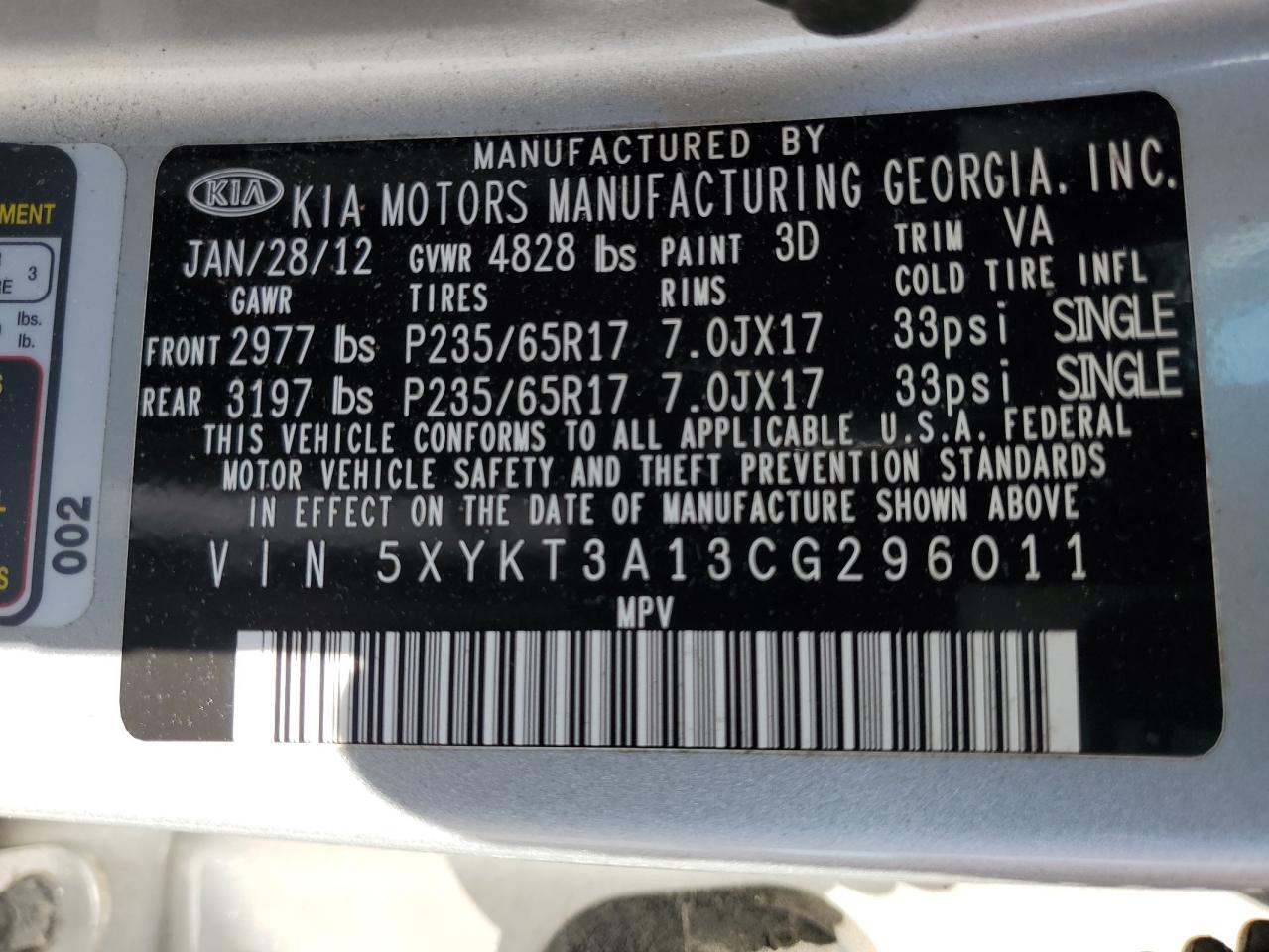 2012 Kia Sorento Base VIN: 5XYKT3A13CG296011 Lot: 70439785