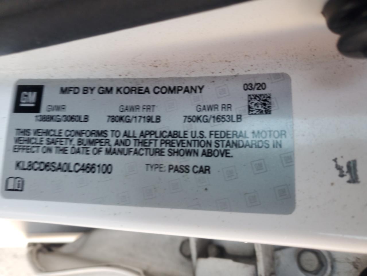 2020 Chevrolet Spark 1Lt VIN: KL8CD6SA0LC466100 Lot: 67973185