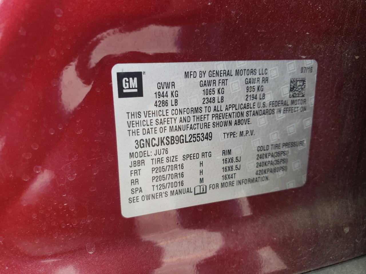 2016 Chevrolet Trax Ls VIN: 3GNCJKSB9GL255349 Lot: 70697905