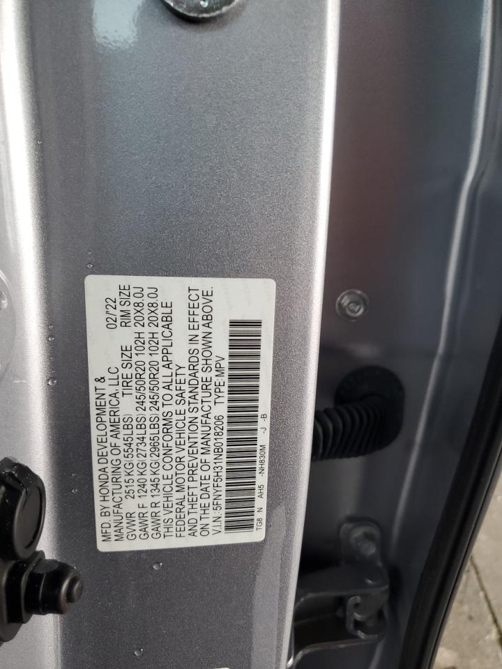 2022 Honda Pilot Sport VIN: 5FNYF5H31NB018206 Lot: 70234245