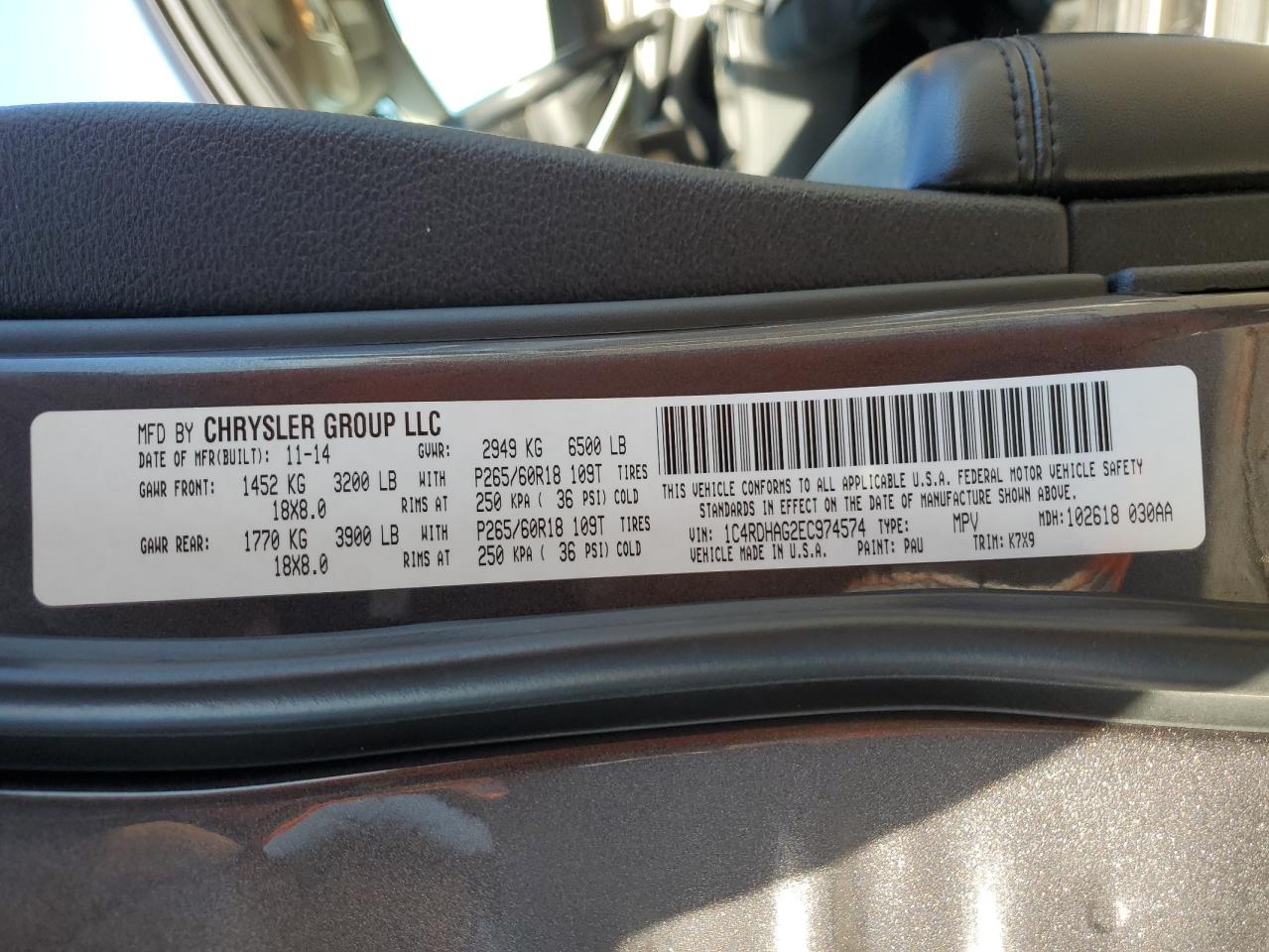 2014 Dodge Durango Sxt VIN: 1C4RDHAG2EC974574 Lot: 69385535