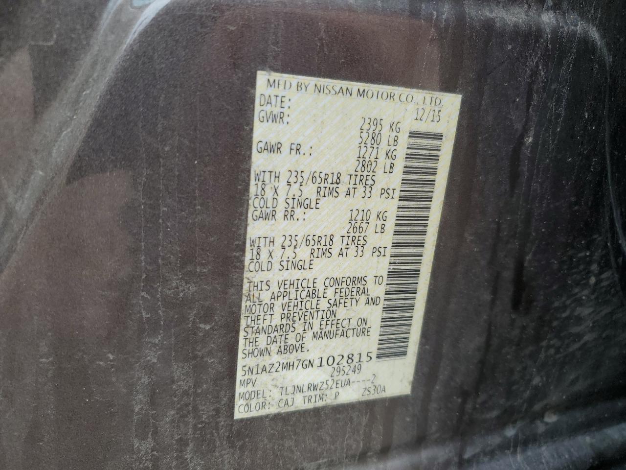 2016 Nissan Murano S VIN: 5N1AZ2MH7GN102815 Lot: 69454925