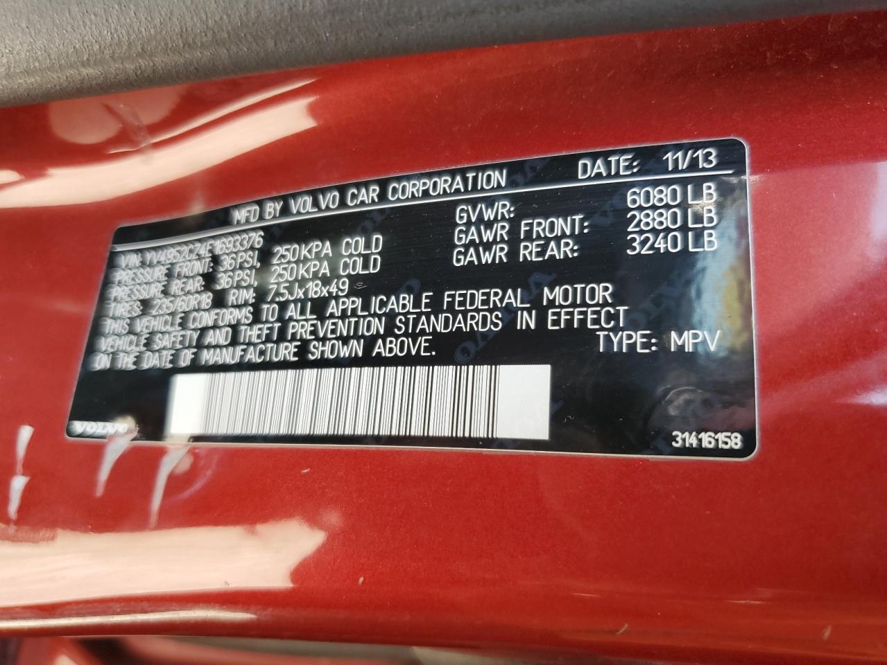 2014 Volvo Xc90 3.2 VIN: YV4952CZ4E1693376 Lot: 66694375