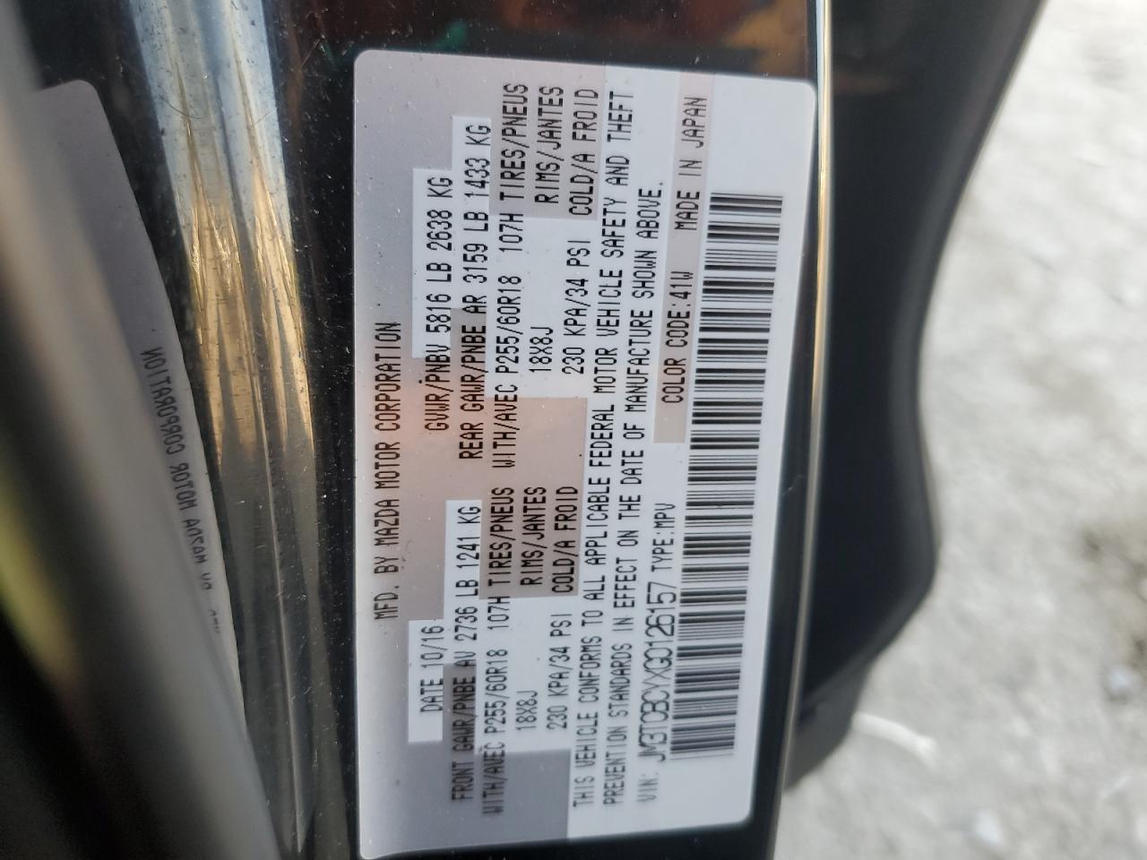2016 Mazda Cx-9 Touring VIN: JM3TCBCYXG0126157 Lot: 67400935