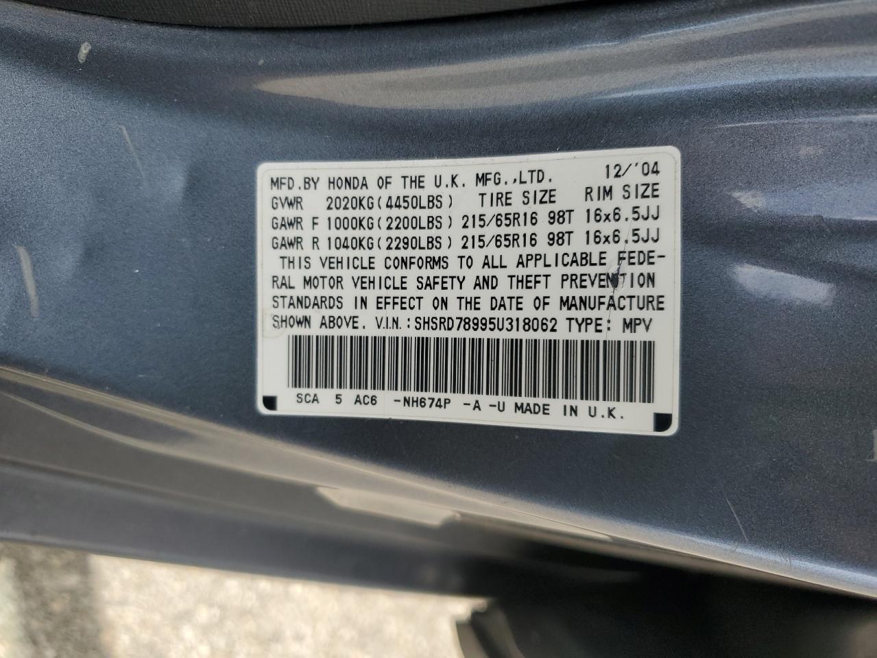 2005 Honda Cr-V Se VIN: SHSRD78995U318062 Lot: 68764365