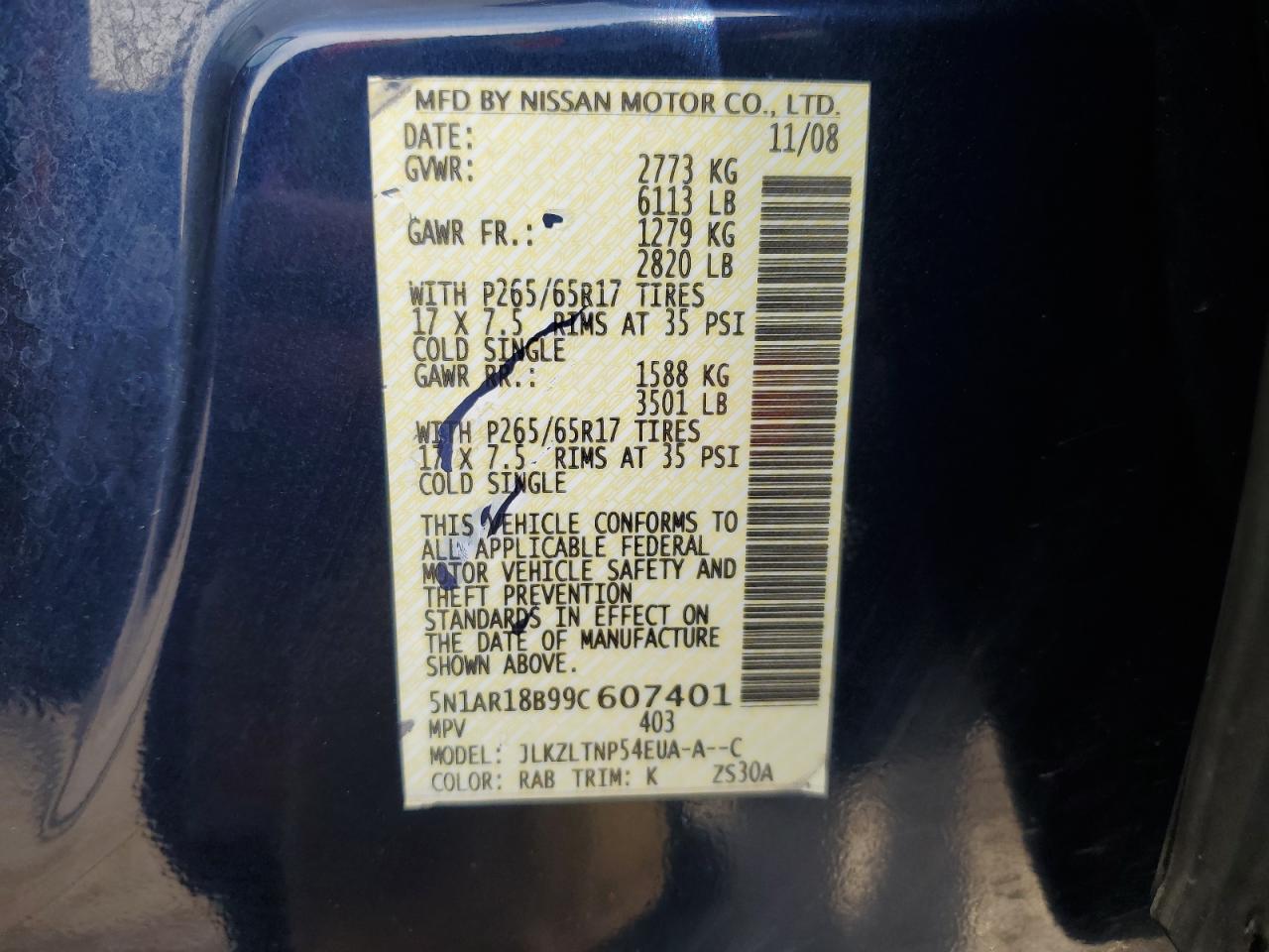 2009 Nissan Pathfinder S VIN: 5N1AR18B99C607401 Lot: 69104485