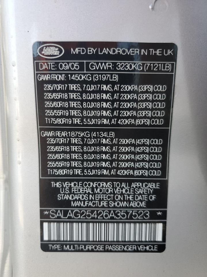2006 Land Rover Lr3 Hse VIN: SALAG25426A357523 Lot: 66749945