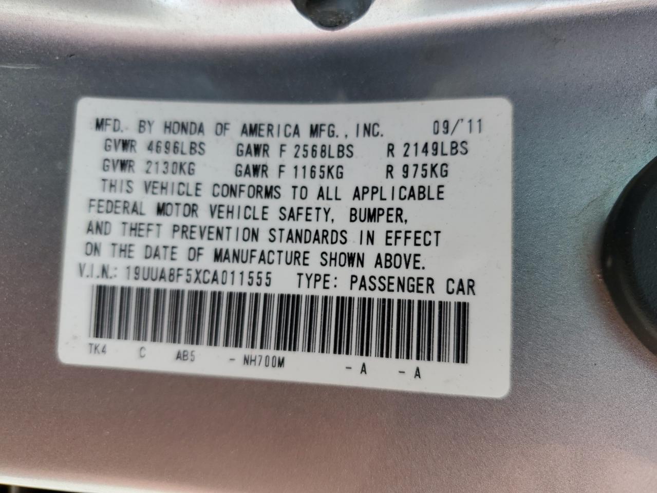 2012 Acura Tl VIN: 19UUA8F5XCA011555 Lot: 69356775