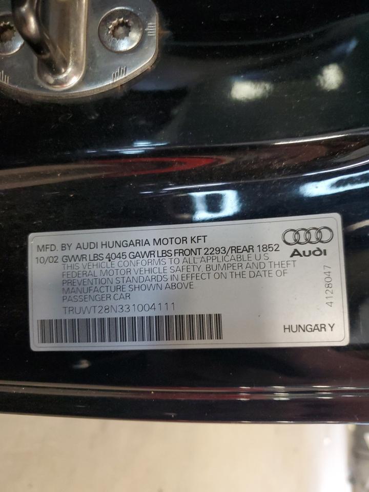 2003 Audi Tt Quattro VIN: TRUWT28N331004111 Lot: 69396635