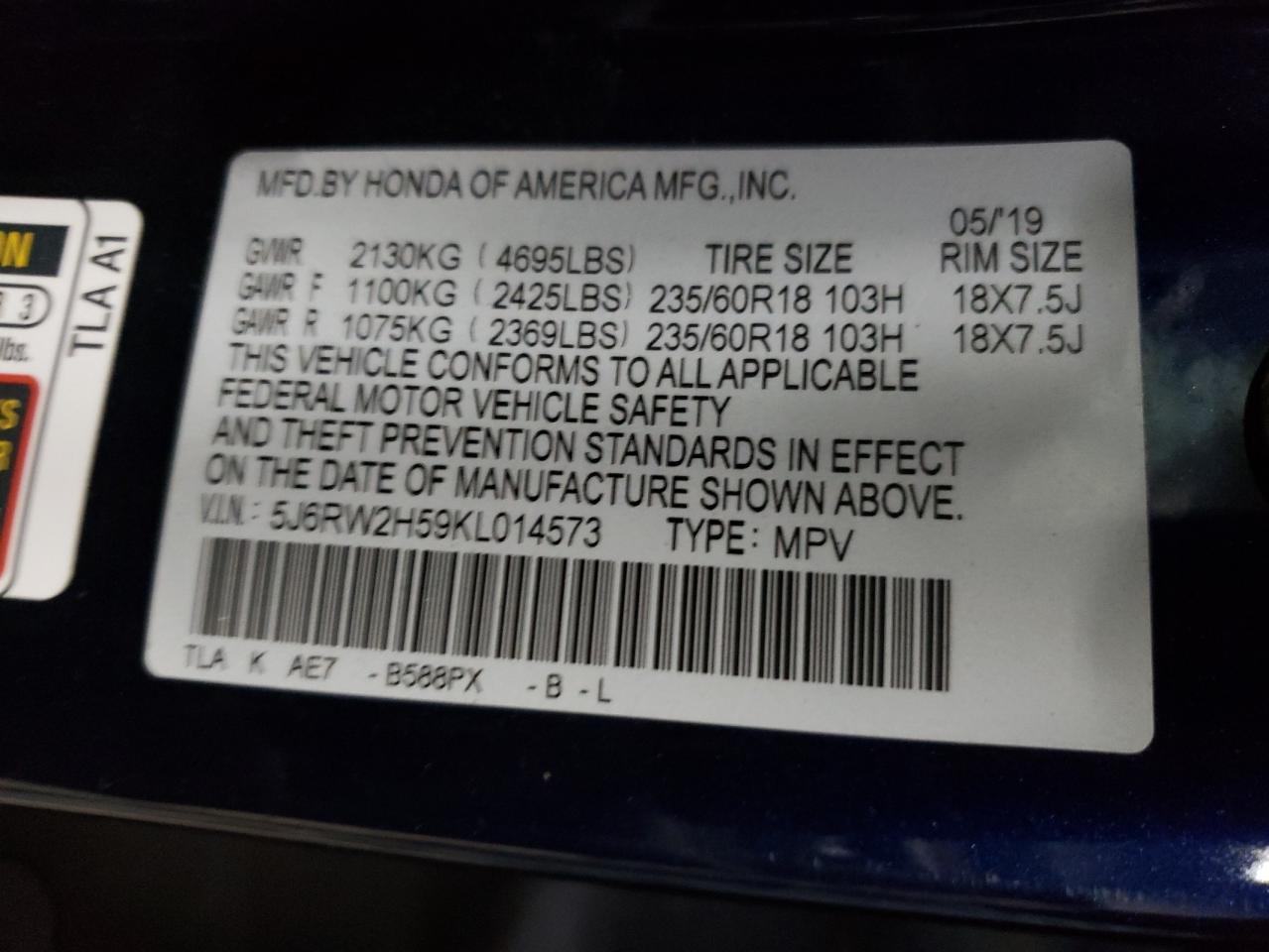 2019 Honda Cr-V Ex VIN: 5J6RW2H59KL014573 Lot: 66875955