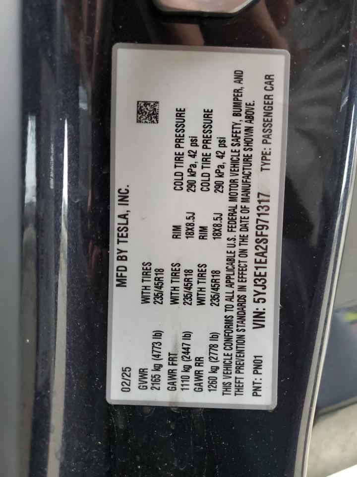 2025 Tesla Model 3 VIN: 5YJ3E1EA2SF971317 Lot: 66922985
