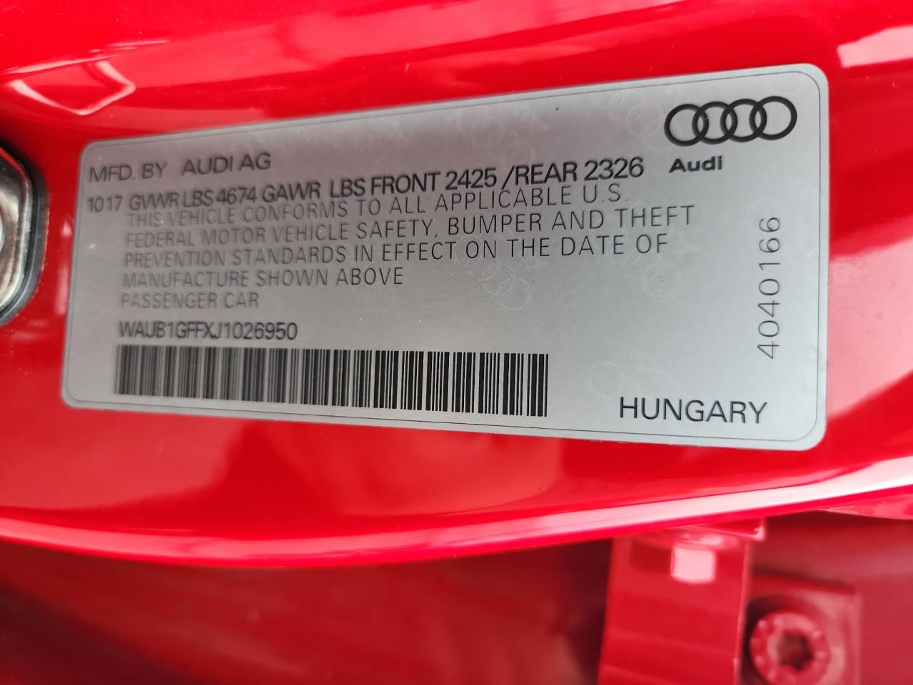 2018 Audi S3 Premium Plus VIN: WAUB1GFFXJ1026950 Lot: 70519575