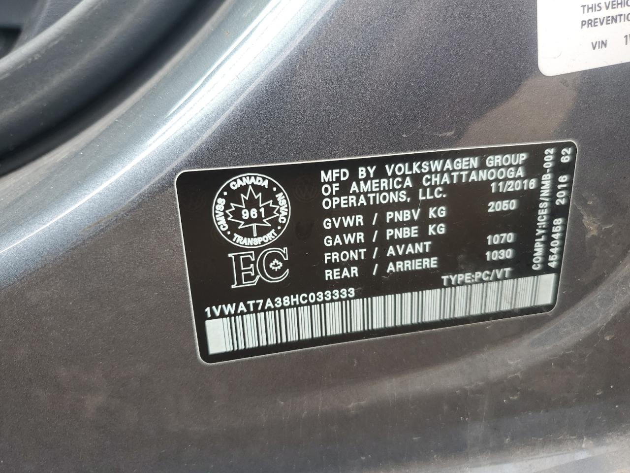 2017 Volkswagen Passat S VIN: 1VWAT7A38HC033333 Lot: 69594735