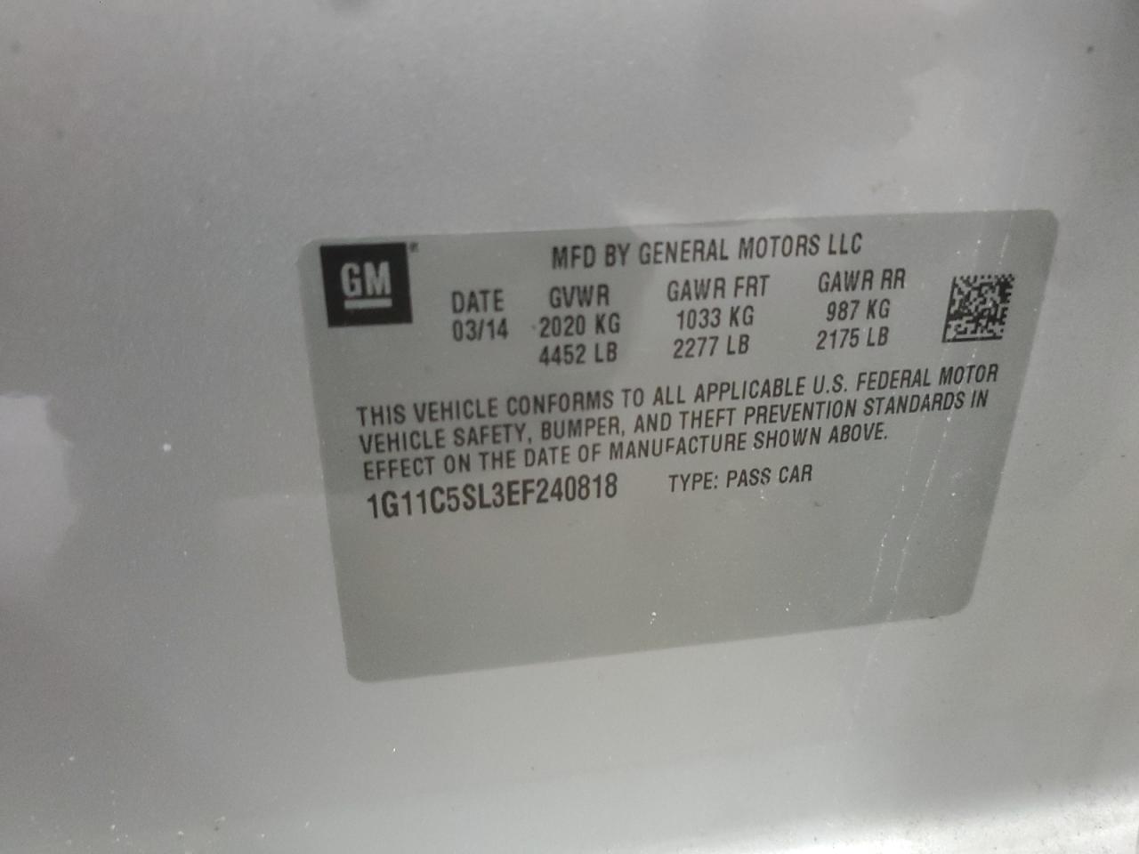 2014 Chevrolet Malibu 1Lt VIN: 1G11C5SL3EF240818 Lot: 68851125