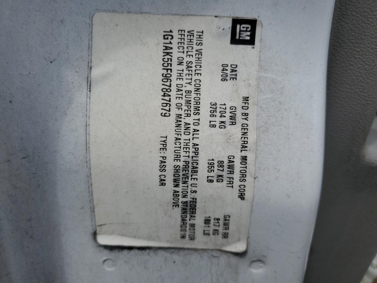 2006 Chevrolet Cobalt Ls VIN: 1G1AK55F967847679 Lot: 70586045