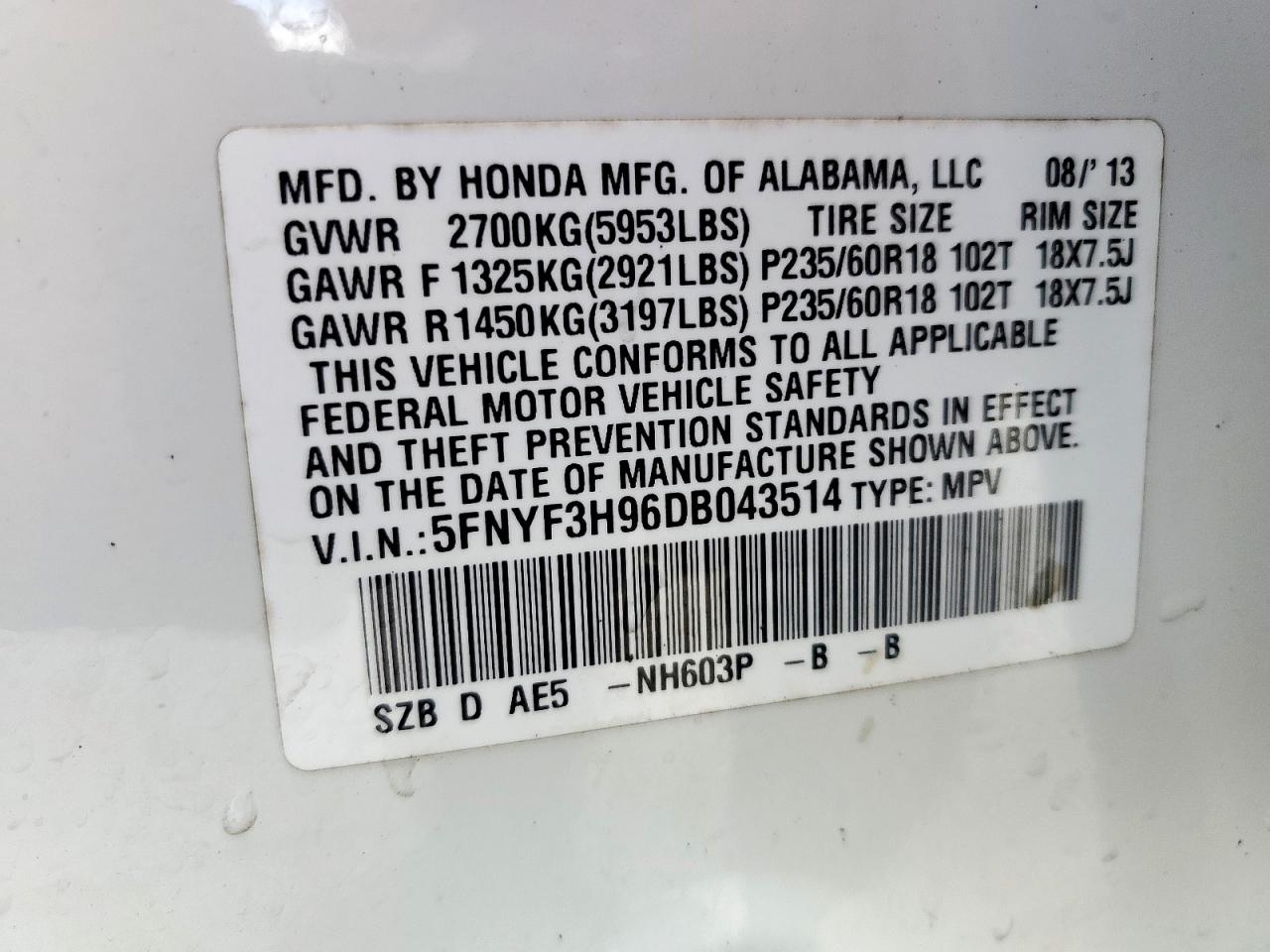 2013 Honda Pilot Touring VIN: 5FNYF3H96DB043514 Lot: 69047725