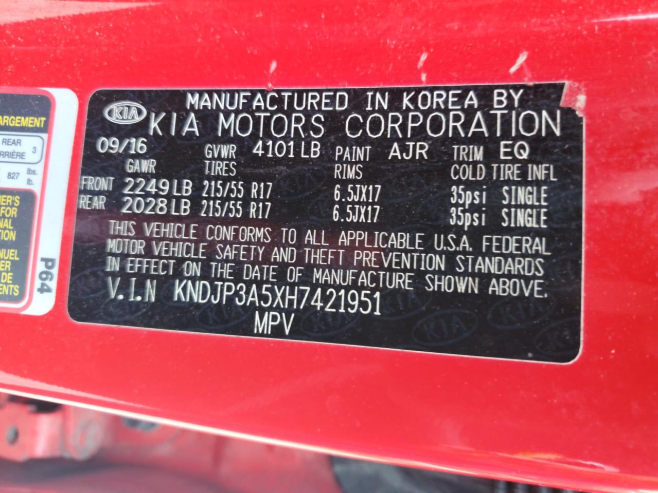 2017 Kia Soul + VIN: KNDJP3A5XH7421951 Lot: 67113145