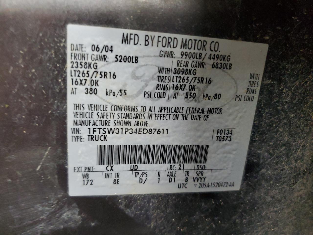 2004 Ford F350 Srw Super Duty VIN: 1FTSW31P34ED87611 Lot: 83990875