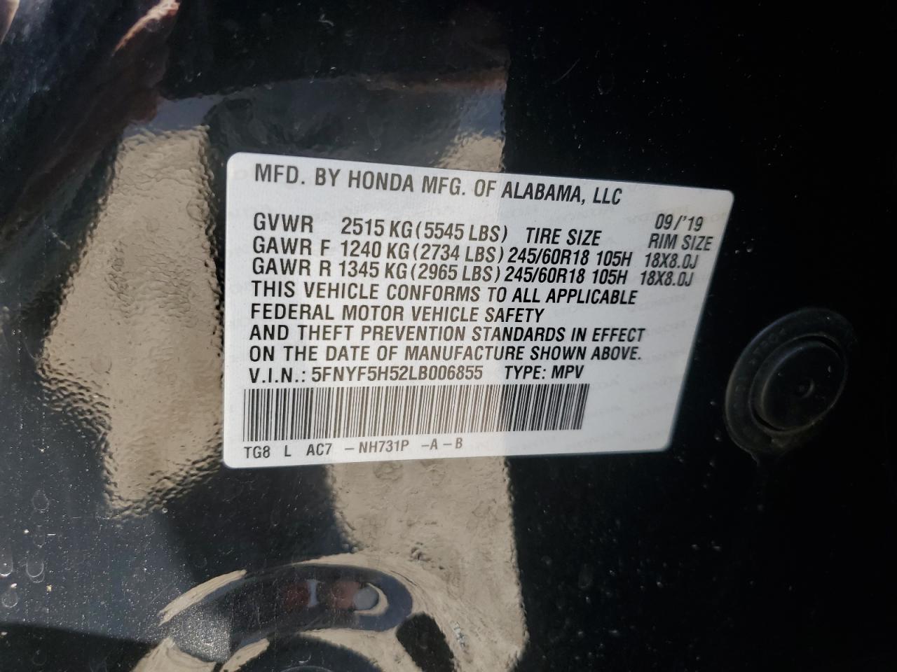 2020 Honda Pilot Exl VIN: 5FNYF5H52LB006855 Lot: 69862375