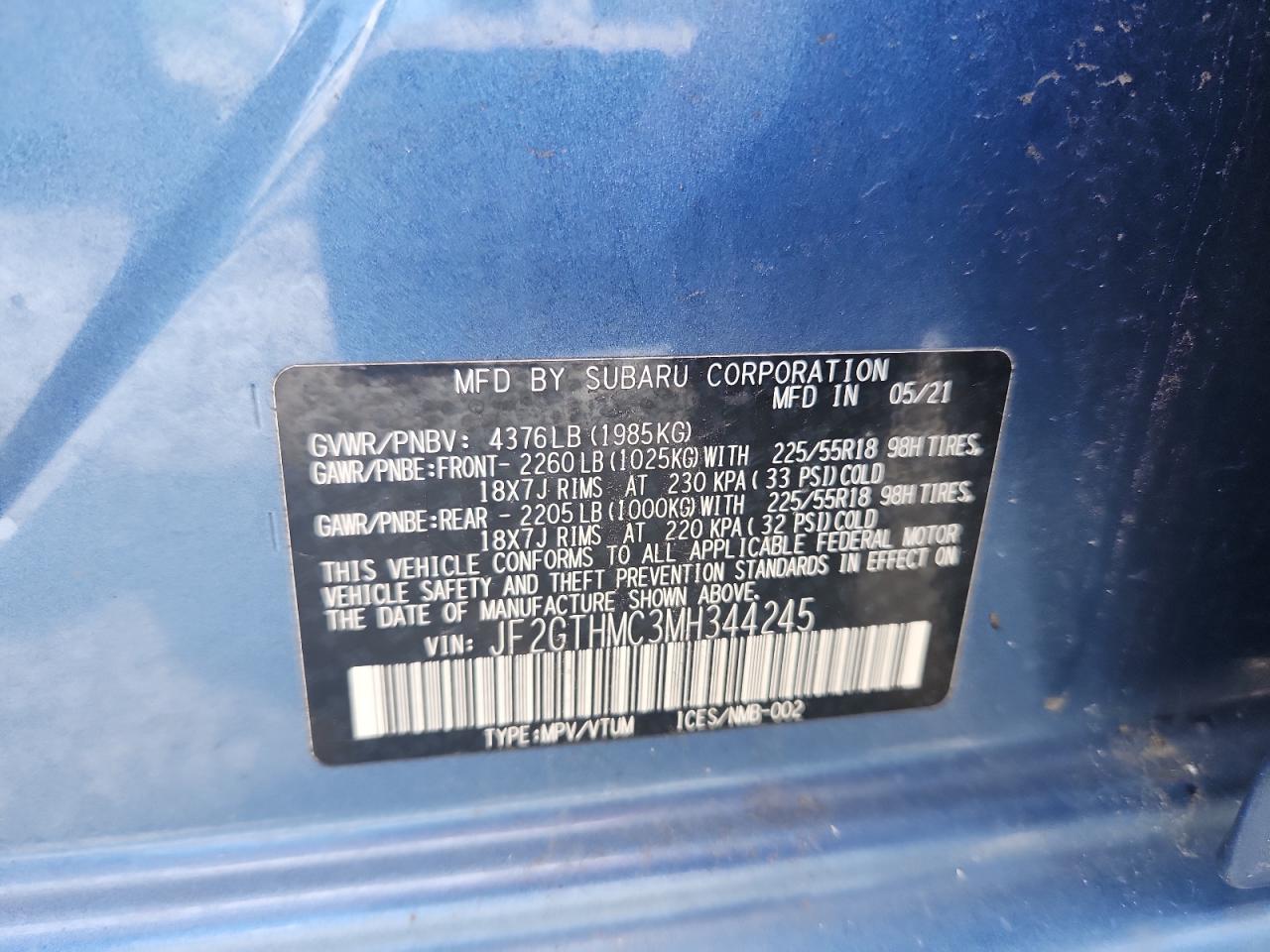 2021 Subaru Crosstrek Limited VIN: JF2GTHMC3MH344245 Lot: 69142135