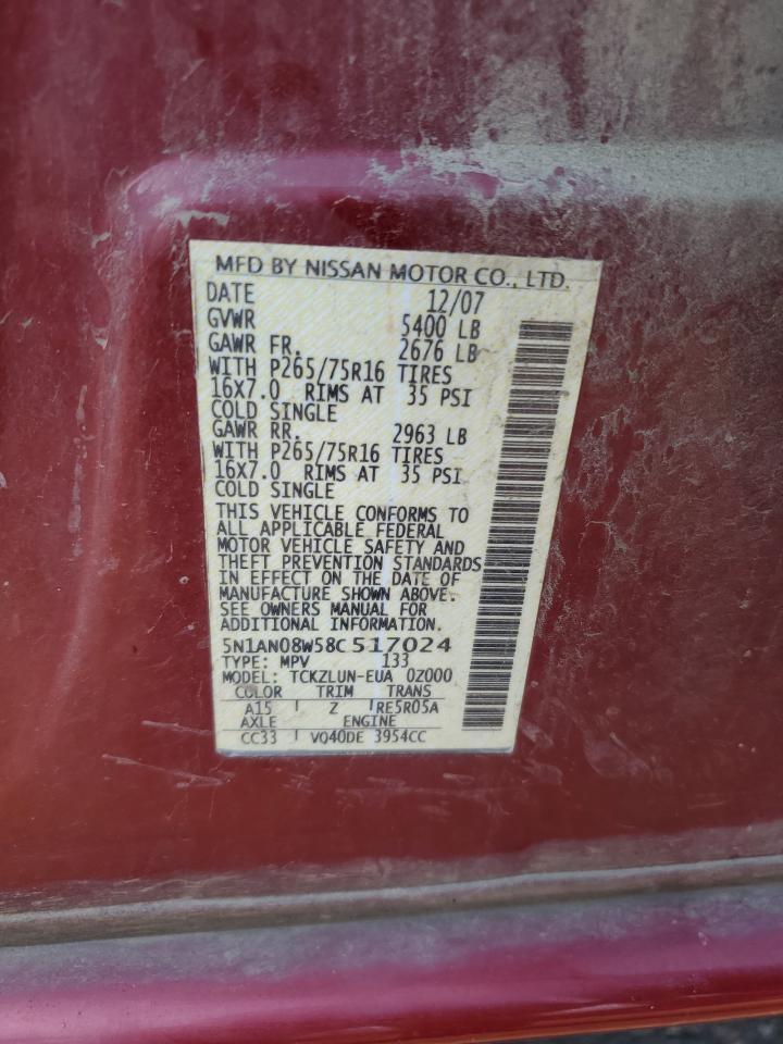2008 Nissan Xterra Off Road VIN: 5N1AN08W58C517024 Lot: 68865875