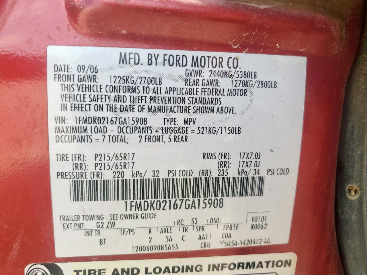 2007 Ford Freestyle Sel VIN: 1FMDK02167GA15908 Lot: 69772685