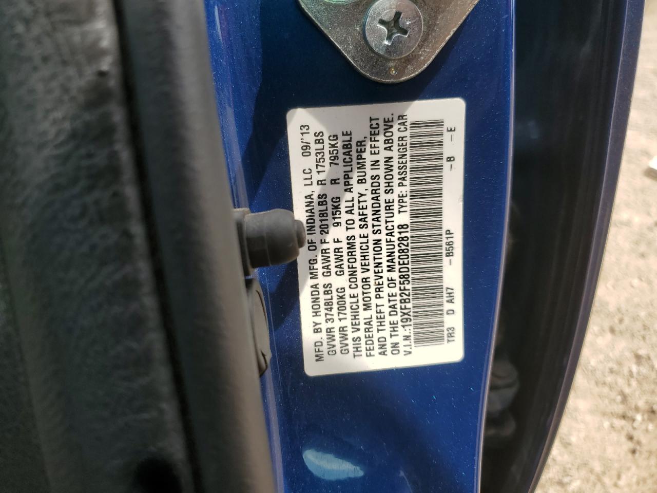 2013 Honda Civic Lx VIN: 19XFB2F58DE082818 Lot: 67435665