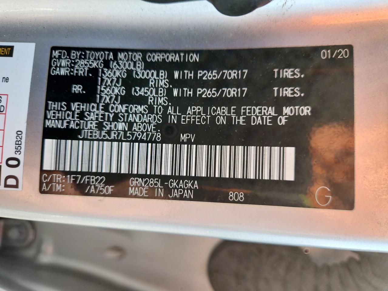 2020 Toyota 4Runner Sr5/Sr5 Premium VIN: JTEBU5JR7L5794778 Lot: 70525545