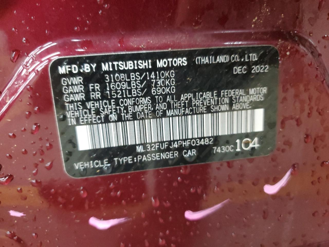 2023 Mitsubishi Mirage G4 Es VIN: ML32FUFJ4PHF03482 Lot: 67317915