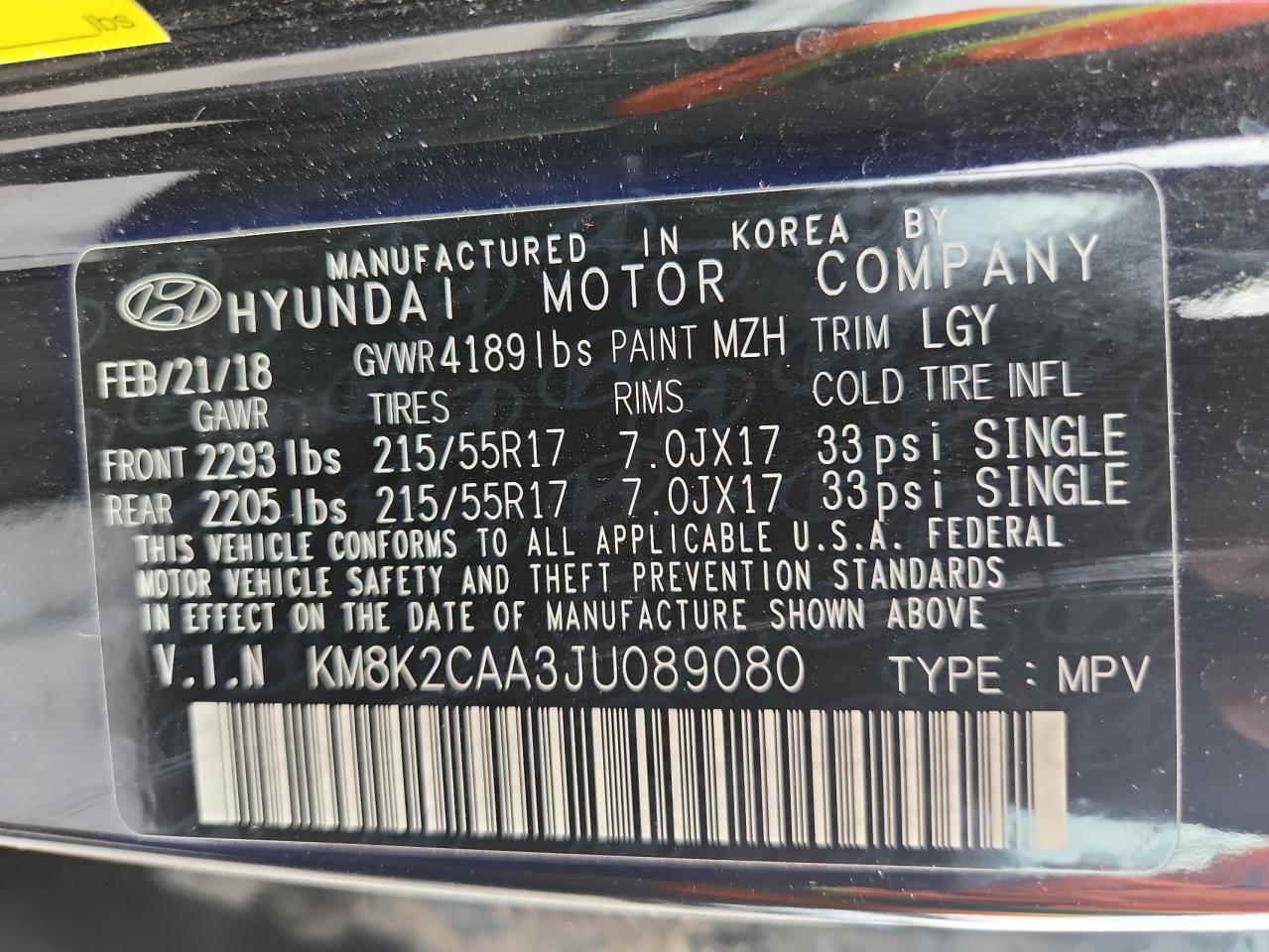 2018 Hyundai Kona Sel VIN: KM8K2CAA3JU089080 Lot: 70314645