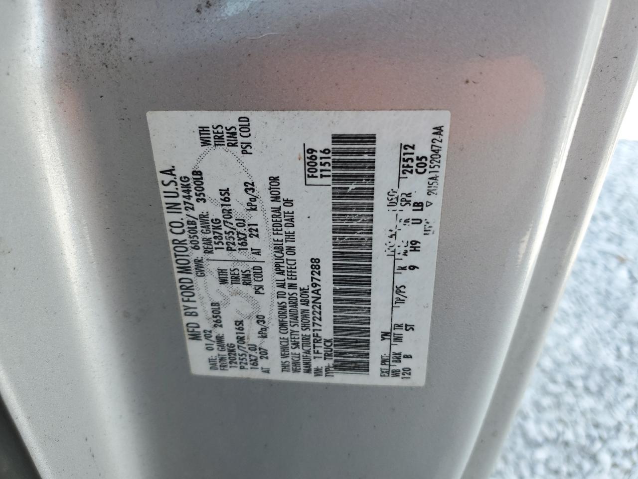 2002 Ford F150 VIN: 1FTRF17222NA97288 Lot: 68369725