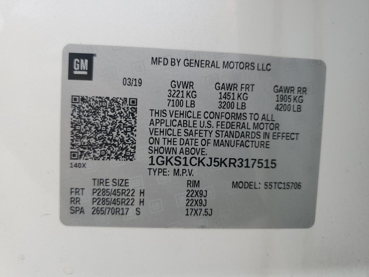 2019 GMC Yukon Denali VIN: 1GKS1CKJ5KR317515 Lot: 70509765