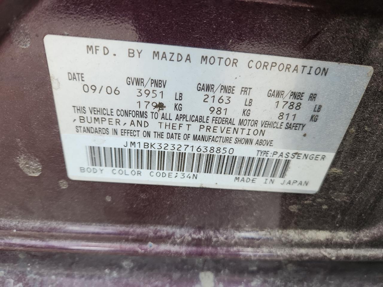 2007 Mazda 3 S VIN: JM1BK323271638850 Lot: 69929655