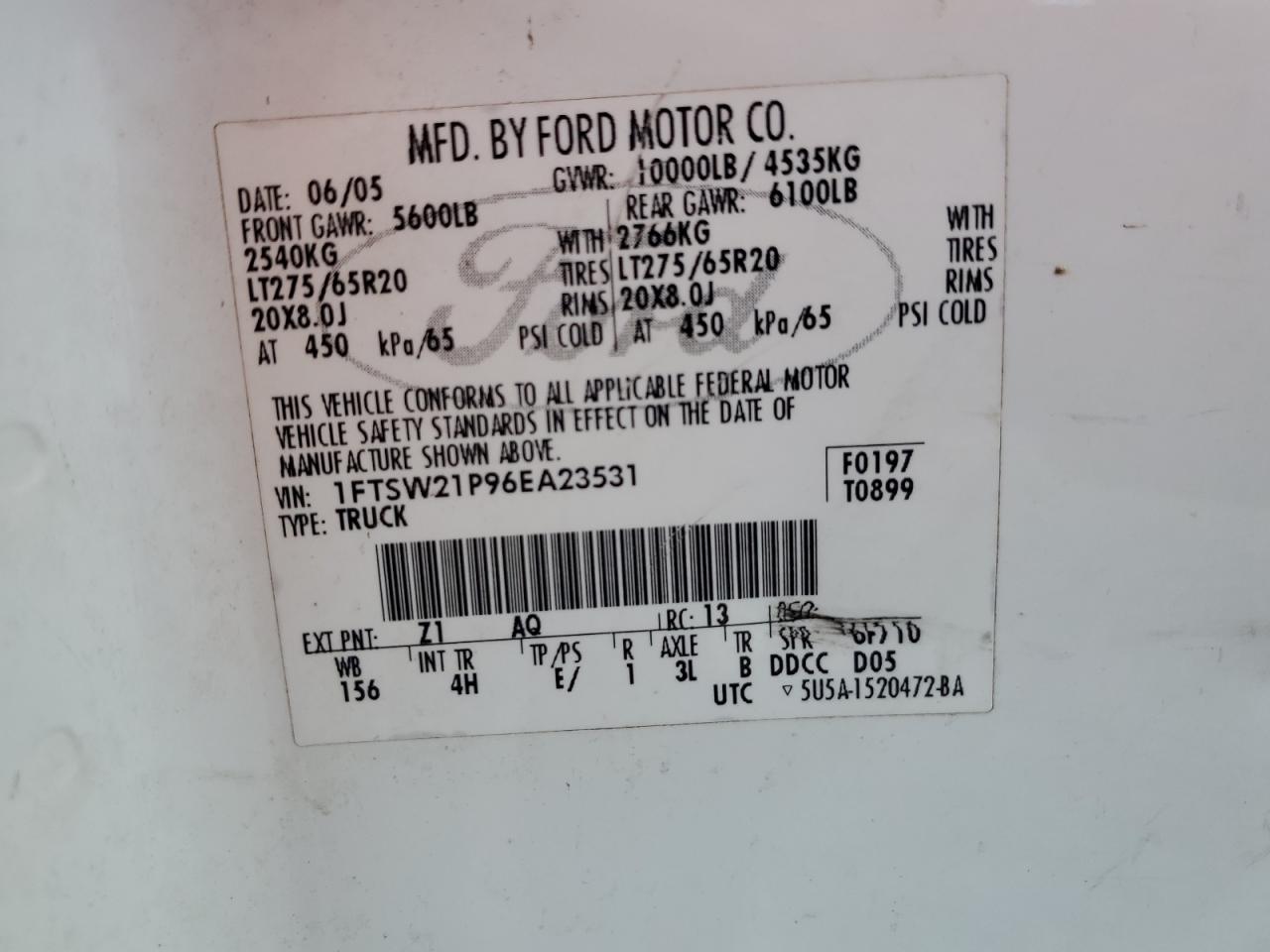 2006 Ford F250 Super Duty VIN: 1FTSW21P96EA23531 Lot: 68725255