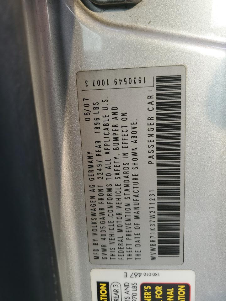 2007 Volkswagen Rabbit VIN: WVWBR71K37W271231 Lot: 67495115