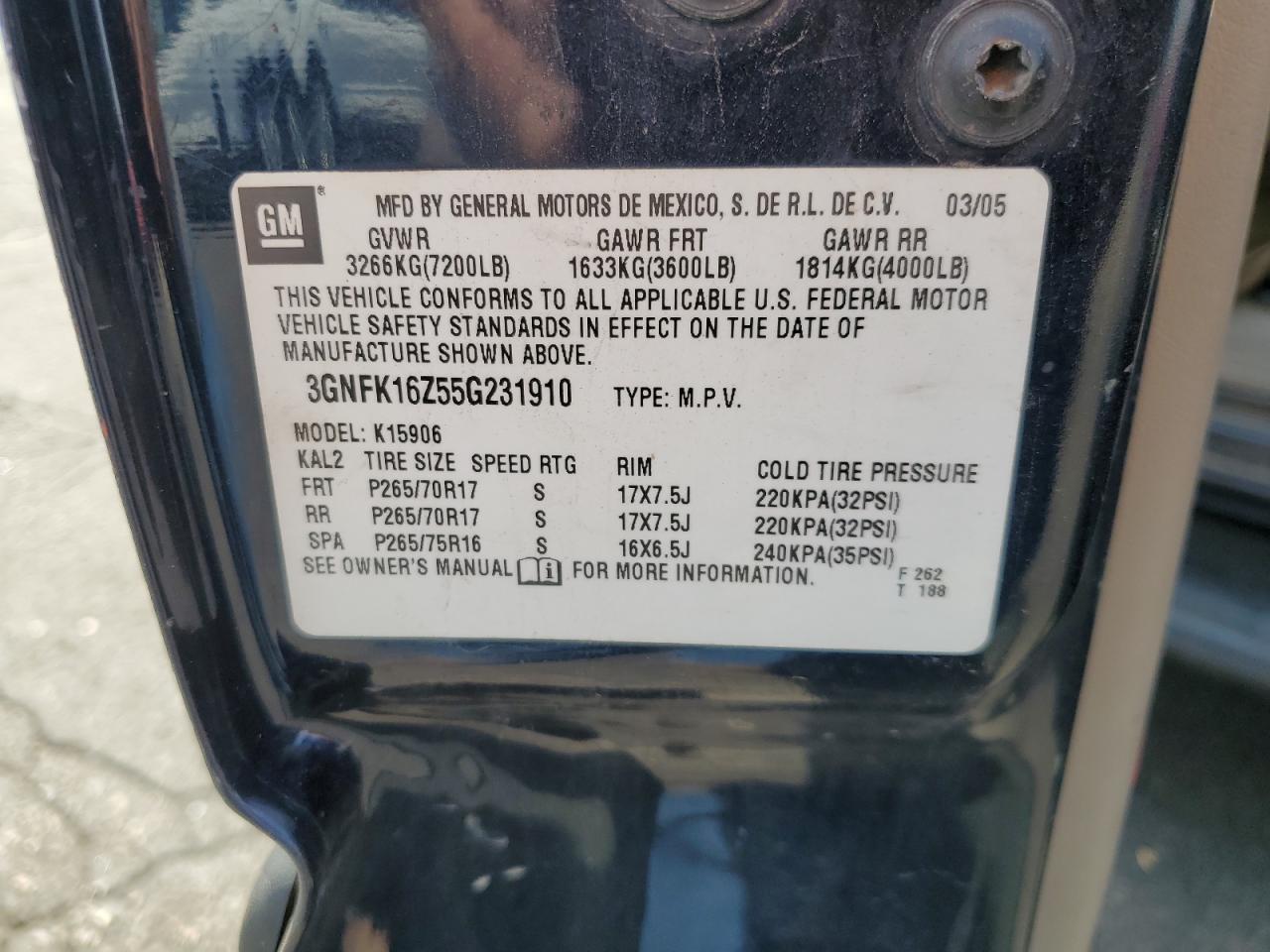 2005 Chevrolet Suburban K1500 VIN: 3GNFK16Z55G231910 Lot: 68500355