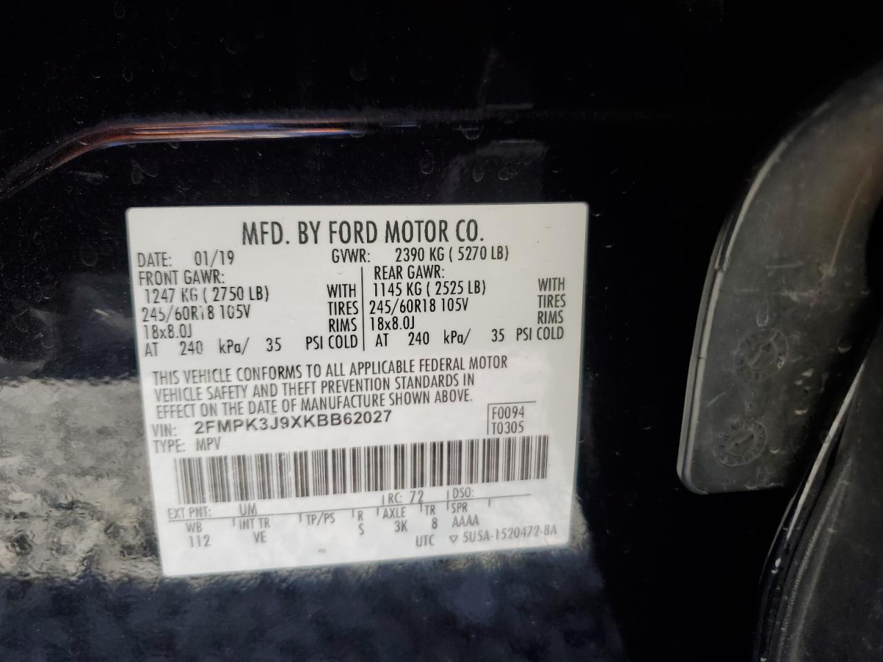 2019 Ford Edge Sel VIN: 2FMPK3J9XKBB62027 Lot: 68172005