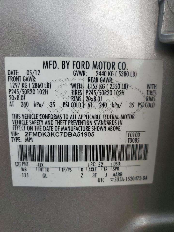 2013 Ford Edge Limited VIN: 2FMDK3KC7DBA51905 Lot: 70058795