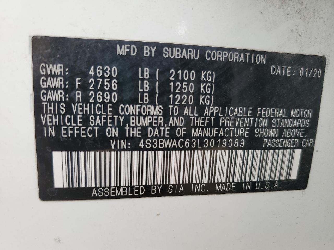 2020 Subaru Legacy Premium VIN: 4S3BWAC63L3019089 Lot: 69609635